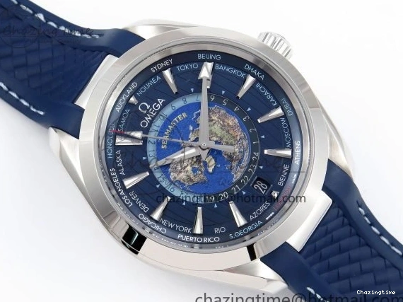 0226 Aqua Terra GMT Worldtimer 43mm VSF 1:1 Best Edition Deep Blue Dial on Blue Rubber Strap A8938 Super Clone QuickDry 7721